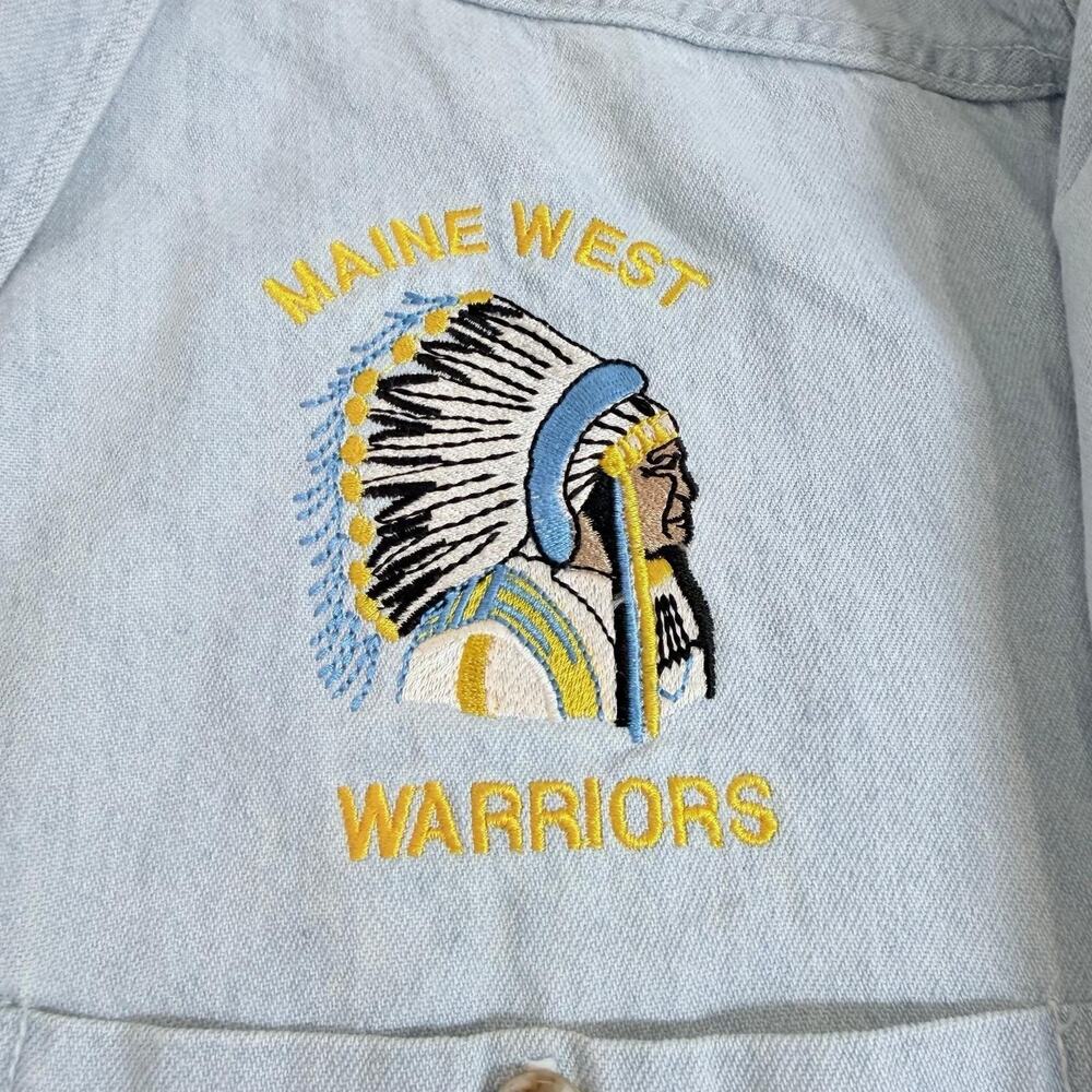 VTG 90s Tree Rivers Maine West Worriers Embroidered Denim Shirt Sz M Distressed - Picture 5 of 11